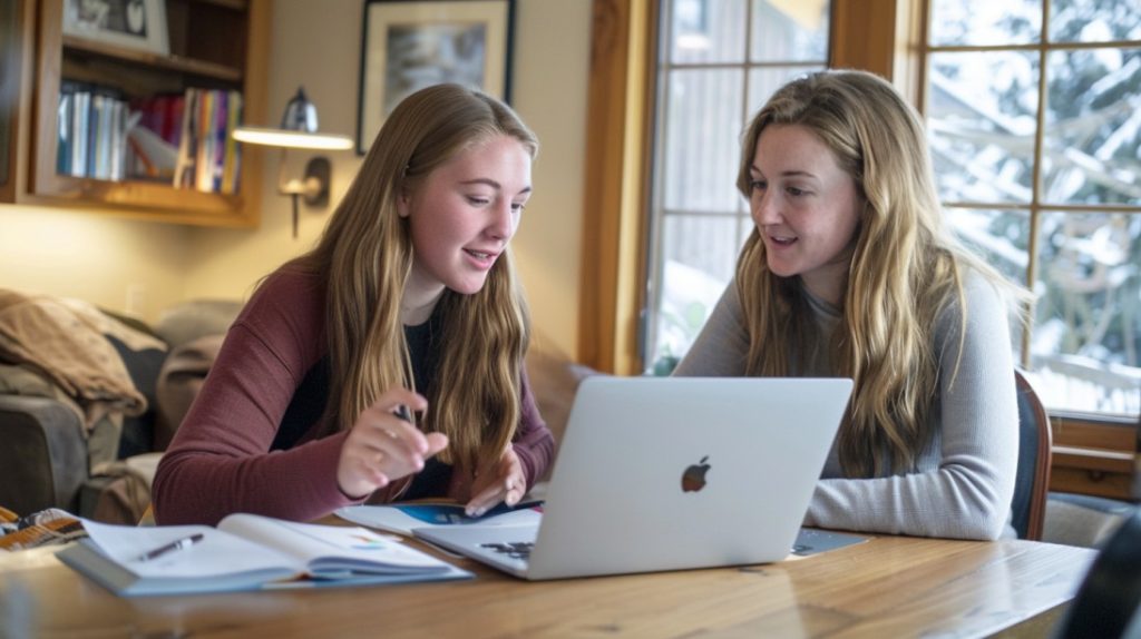 A student and a college advisor collaborate using a laptop at a wooden table in a home office.