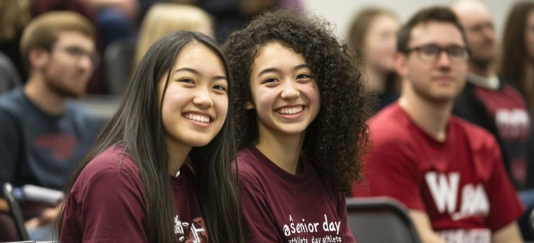 Two students smiled because of innovations, blurry guy in background
